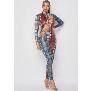 May Pink Snake Print Jumpsuit Small‎ Long Sleeve Bold Y2K Night Out Trendy